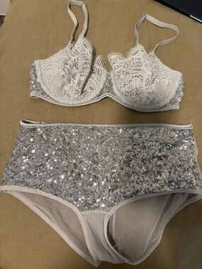 White Lace & Silver Sequin High-Waist Bra & Panty Set - Women Intimates